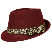 Fedora Hats – 12 PCS Wool-felt Like w/ Leopard Print Band - Red - HT-AHA51743RD